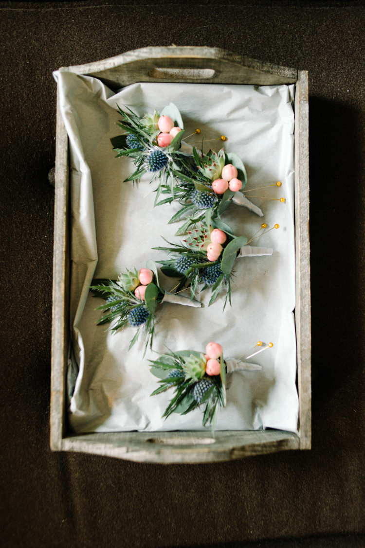 Buttonholes Berries Thistles Opulent Metallics City Library Wedding http://www.croandkowlove.com/