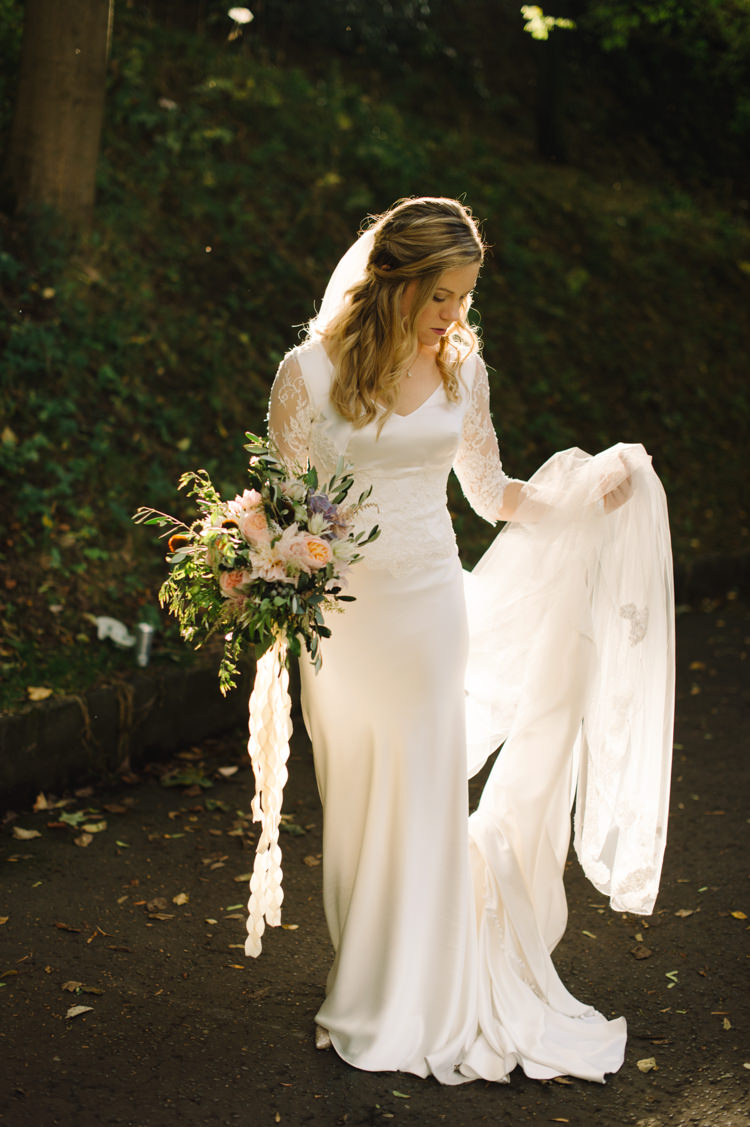 Silk Lace Dress Gown Bride Bridal Sleeves Opulent Metallics City Library Wedding http://www.croandkowlove.com/
