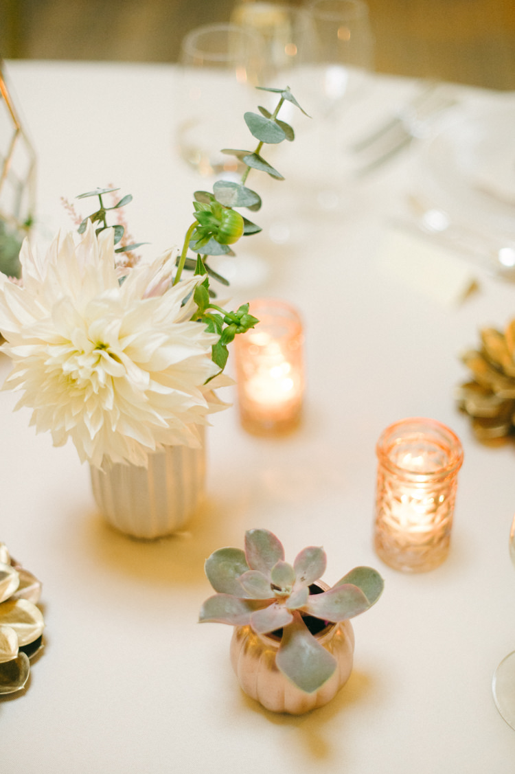 Votives Gold Candles Succulent Flowers Opulent Metallics City Library Wedding http://www.croandkowlove.com/