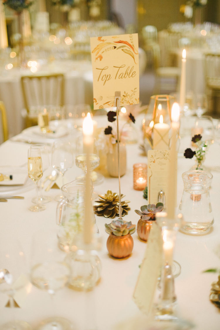 Votives Gold Candles Succulent Flowers Decor Table Name Opulent Metallics City Library Wedding http://www.croandkowlove.com/