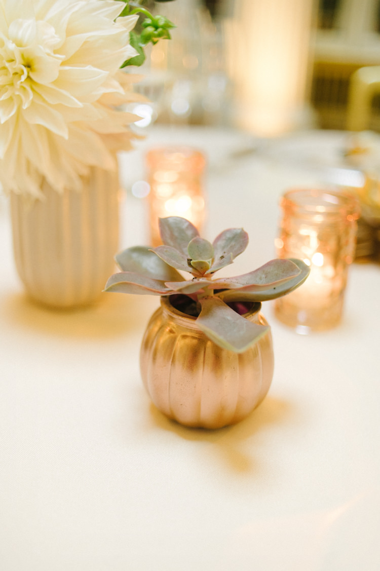 Votives Gold Candles Succulent Flowers Opulent Metallics City Library Wedding http://www.croandkowlove.com/