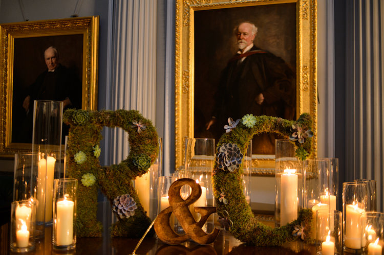 Moss Succulent Letters Candles Decor Opulent Metallics City Library Wedding http://www.croandkowlove.com/