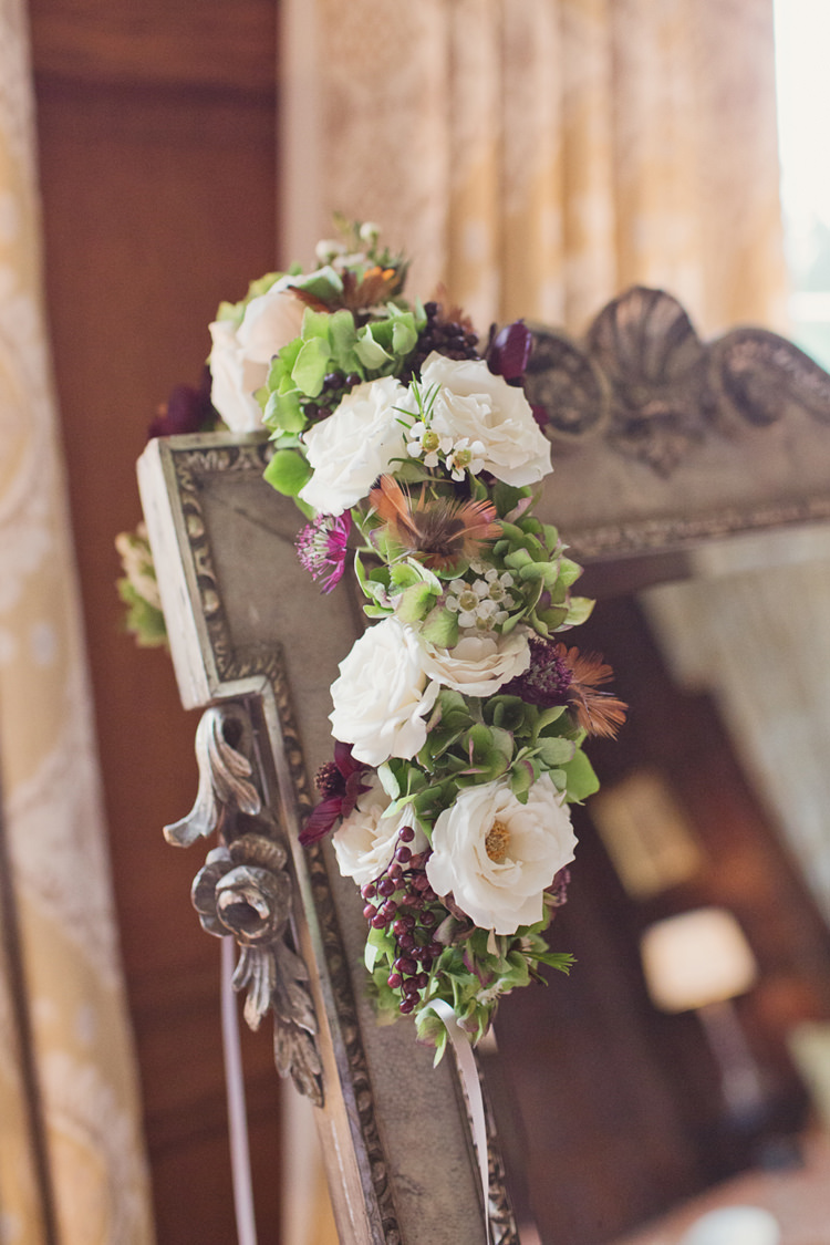 Red Burgundy Blush Flowers Crown Bride Bridal Foliage Rose Antler Feather Stunning Countryside Wedding http://www.cottoncandyweddings.co.uk/