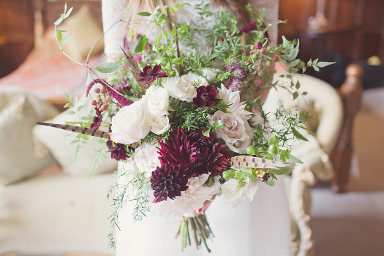 Red Burgundy Dahlia Blush Bouquet Flowers Bride Bridal Foliage Rose Antler Feather Stunning Countryside Wedding http://www.cottoncandyweddings.co.uk/