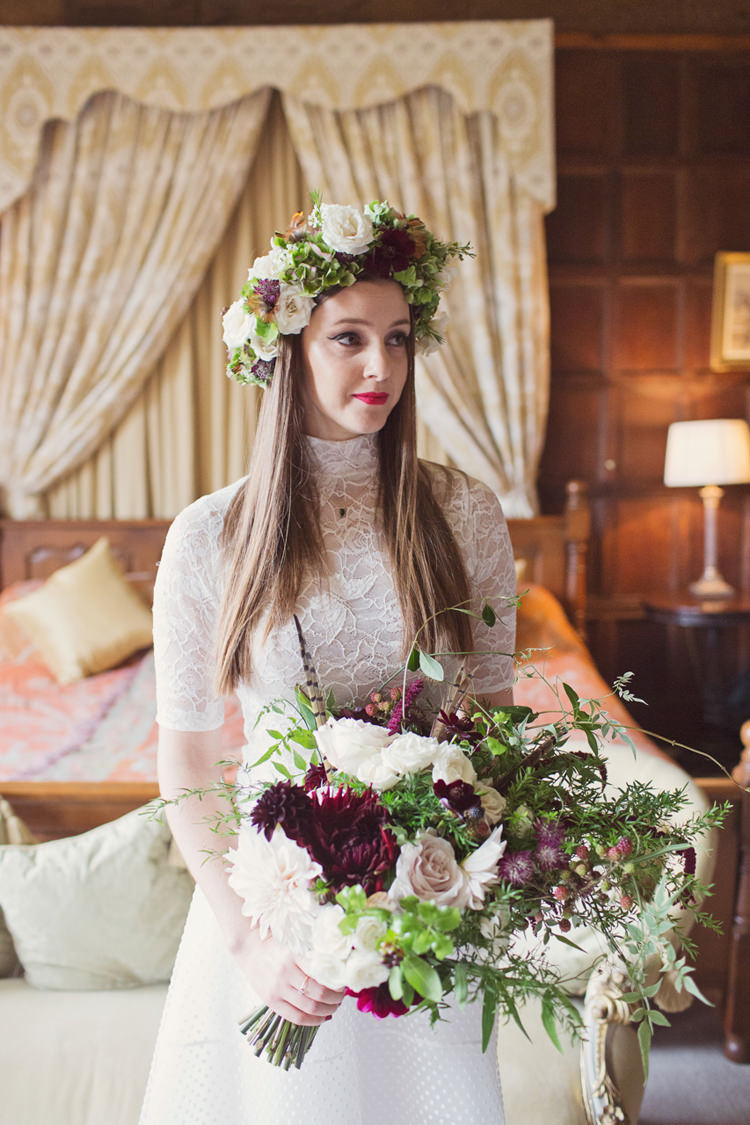 olan Cris Dress Gown High Neck Red Burgundy Dahlia Blush Bouquet Flowers Bride Bridal Foliage Rose Crown Antler Feather Stunning Countryside Wedding http://www.cottoncandyweddings.co.uk/