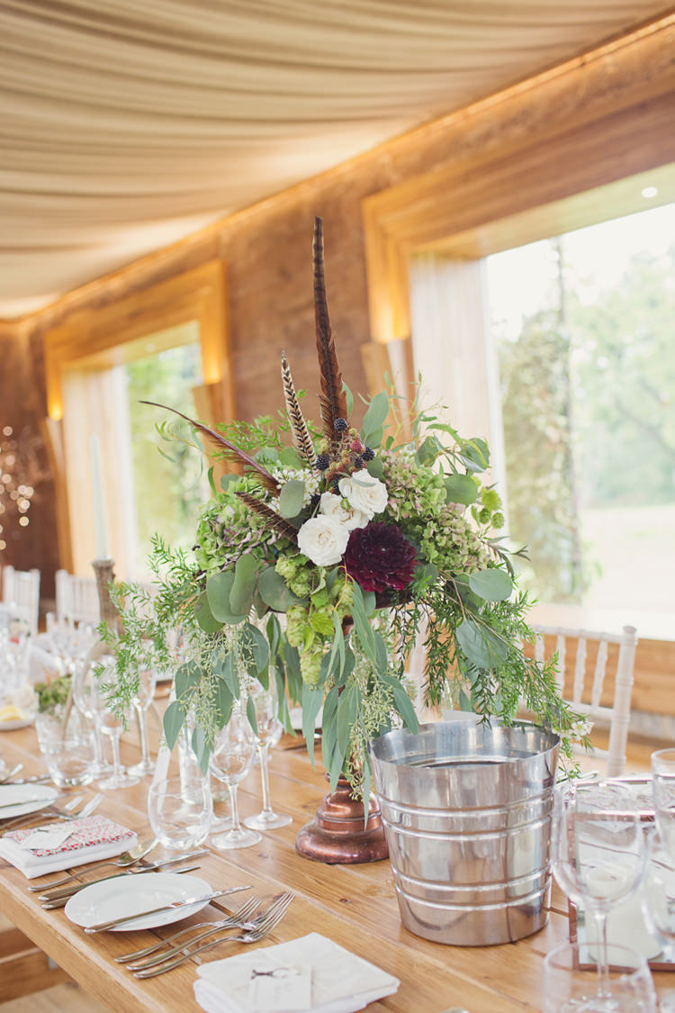 Red Burgundy Dahlia Blush Table Centrepiece Flowers Foliage Rose Antler Feather Stunning Countryside Wedding http://www.cottoncandyweddings.co.uk/