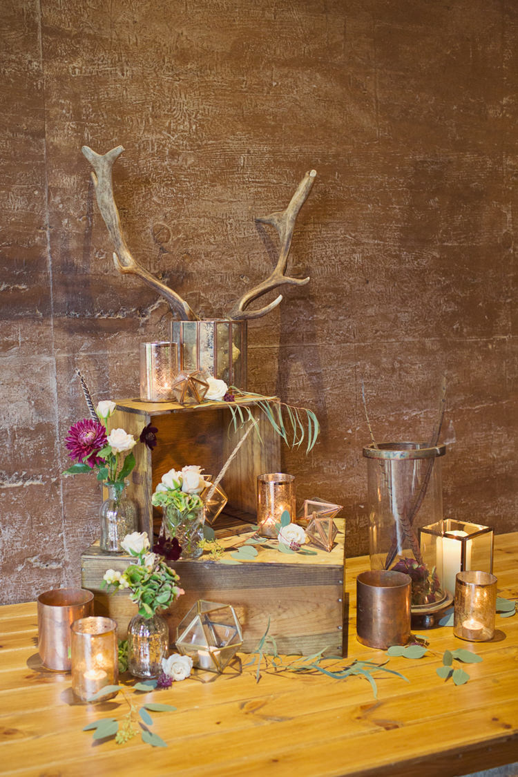 Decor Crates Candles Flowers Rustic Antler Feather Stunning Countryside Wedding http://www.cottoncandyweddings.co.uk/
