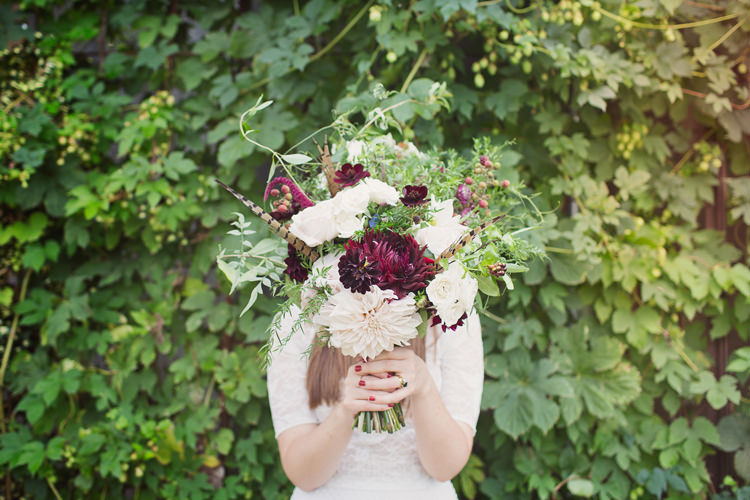 Red Burgundy Dahlia Blush Bouquet Flowers Bride Bridal Foliage Rose Antler Feather Stunning Countryside Wedding http://www.cottoncandyweddings.co.uk/