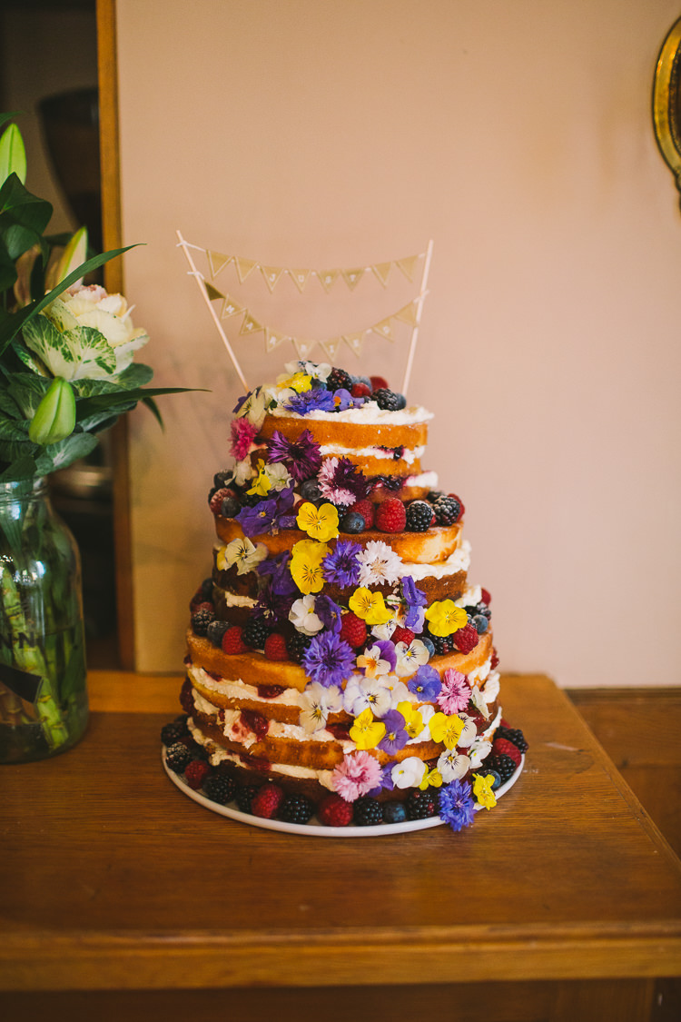 Naked Cake Sponge Layer Fruit Flowers Fun-Loving Low Key Pub Wedding https://www.oliviajudah.co.uk/