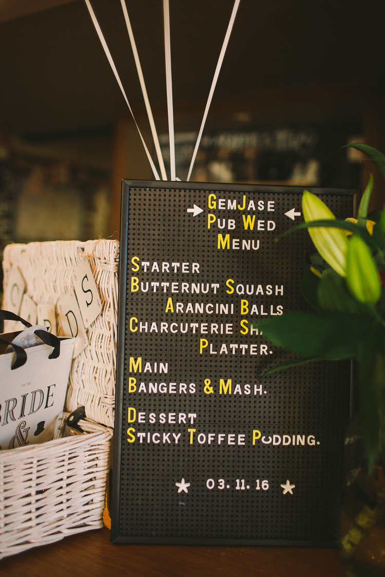 Peg Board Sign Black White Yellow Fun-Loving Low Key Pub Wedding https://www.oliviajudah.co.uk/