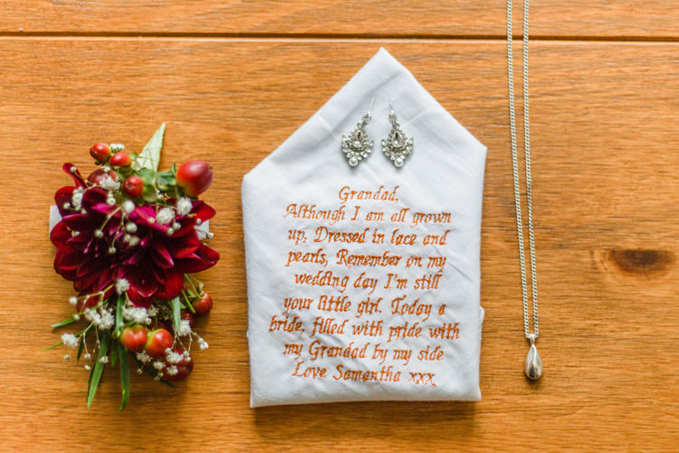 Buttonhole Berry Gypsophila Earrings Handkerchief Embroidered Gift Burgundy Gold Rustic Glam Barn Wedding http://www.terripashleyphotography.co.uk/