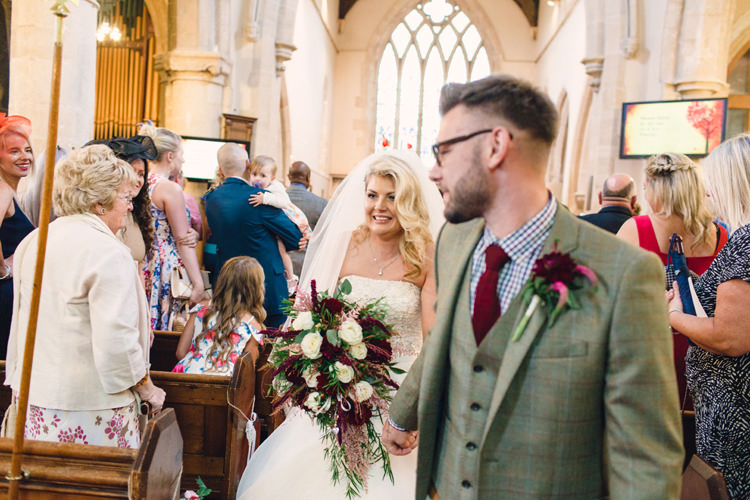 Bride Bridal A-Line Dress Gown Dior Moss Bros Groom Tweed Three Piece Suit Waistcoat Checked Shirt Burgundy Gold Rustic Glam Barn Wedding http://www.terripashleyphotography.co.uk/