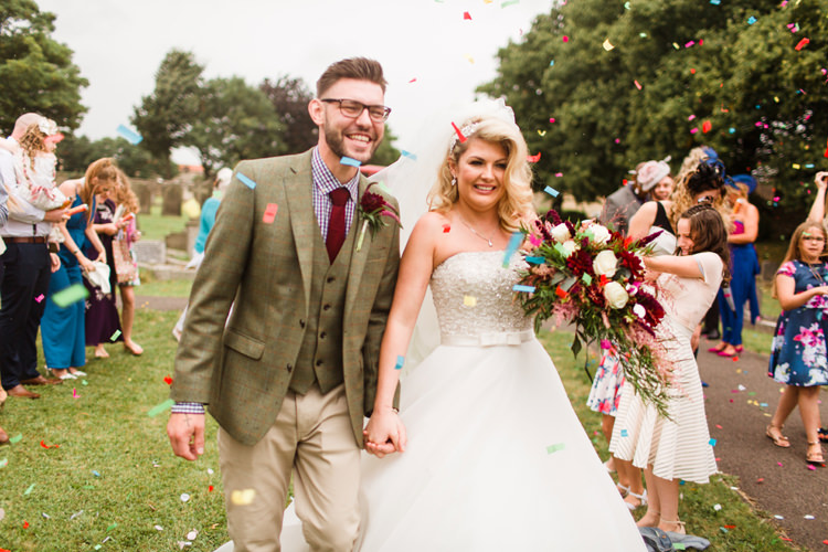 Bride Bridal A-Line Dress Grown Tweed Suit Waistcoat Chinos Checked Shirt Moss Bros Groom Confetti Shot Burgundy Gold Rustic Glam Barn Wedding http://www.terripashleyphotography.co.uk/