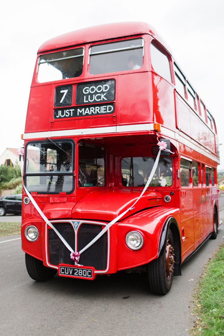 Vintage Red Bus Transport Burgundy Gold Rustic Glam Barn Wedding http://www.terripashleyphotography.co.uk/