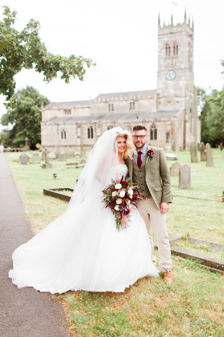 Bride Bridal A-Line Dress Gown veil Groom Moss Bros Tweed Waistcoat Chinos Burgundy Gold Rustic Glam Barn Wedding http://www.terripashleyphotography.co.uk/