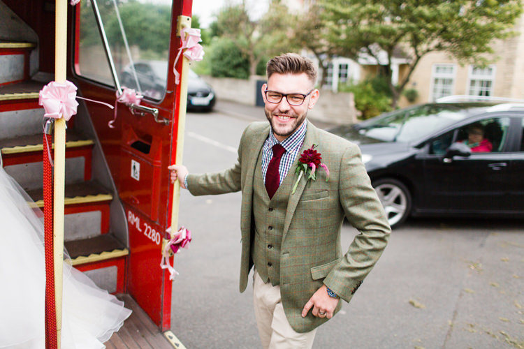 Moss Bros Groom Tweed Waistcoat Chinos Checked Shirt Burgundy Gold Rustic Glam Barn Wedding http://www.terripashleyphotography.co.uk/