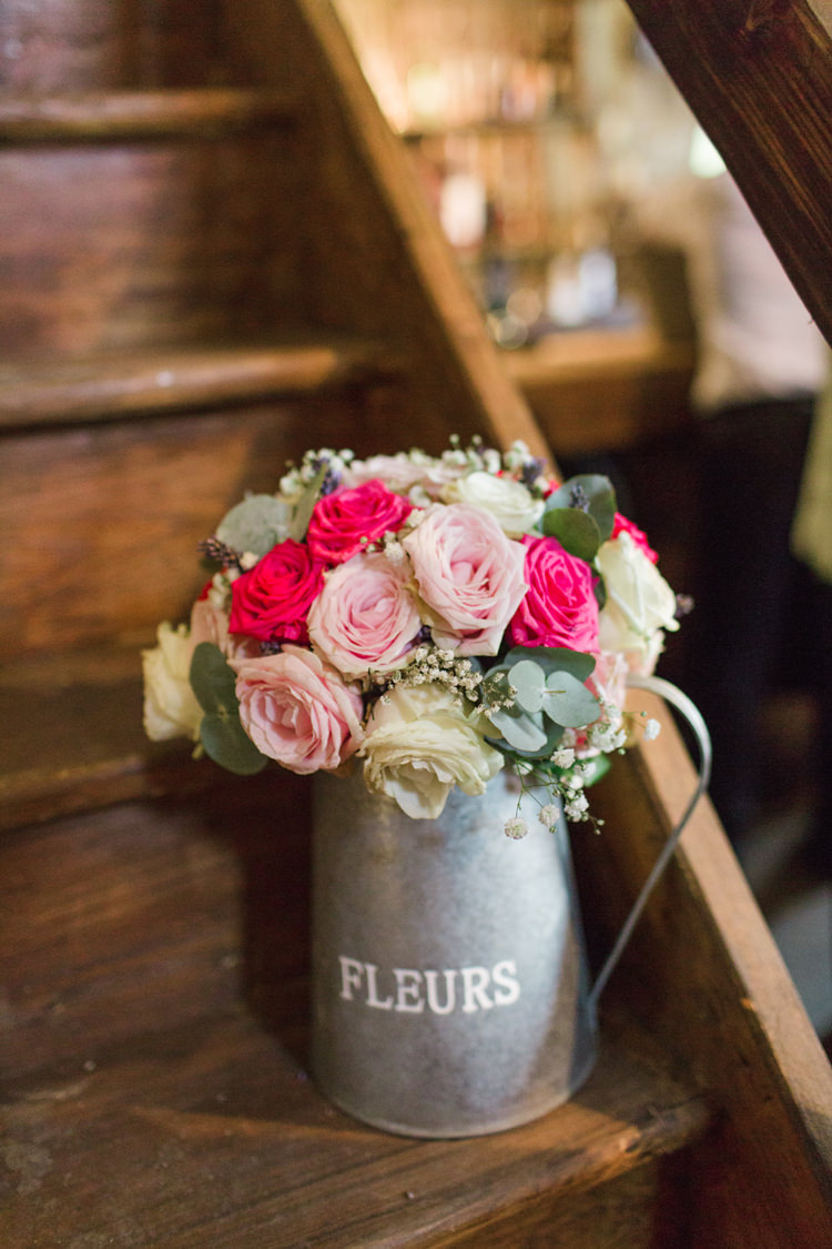 Flower Jug Roses Gysophila Pink Cream Eucalyptus Floral Burgundy Gold Rustic Glam Barn Wedding http://www.terripashleyphotography.co.uk/