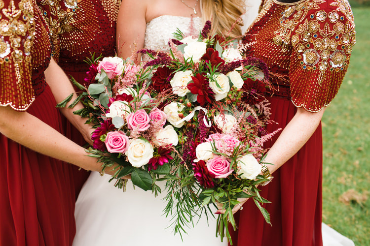 Bride Bridesmaids Bridal Bouquet Roses Berries Greenery White Pink Red Burgundy Gold Rustic Glam Barn Wedding http://www.terripashleyphotography.co.uk/