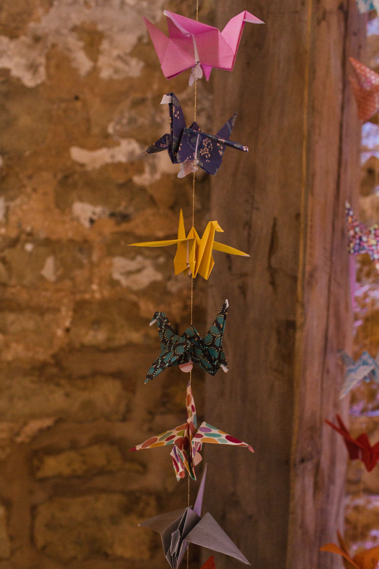 Origami Paper Cranes Multicolour Hanging Burgundy Gold Rustic Glam Barn Wedding http://www.terripashleyphotography.co.uk/