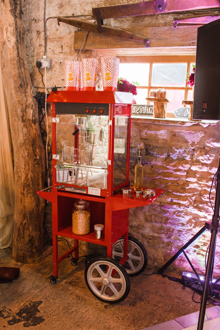 Popcorn Maker Machine Burgundy Gold Rustic Glam Barn Wedding http://www.terripashleyphotography.co.uk/