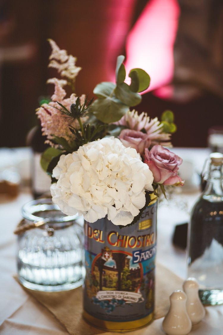 Vintage Tin Table Centre White Hydrangea Pink Rose Industrial Cool Museum Wedding https://photography34.co.uk/