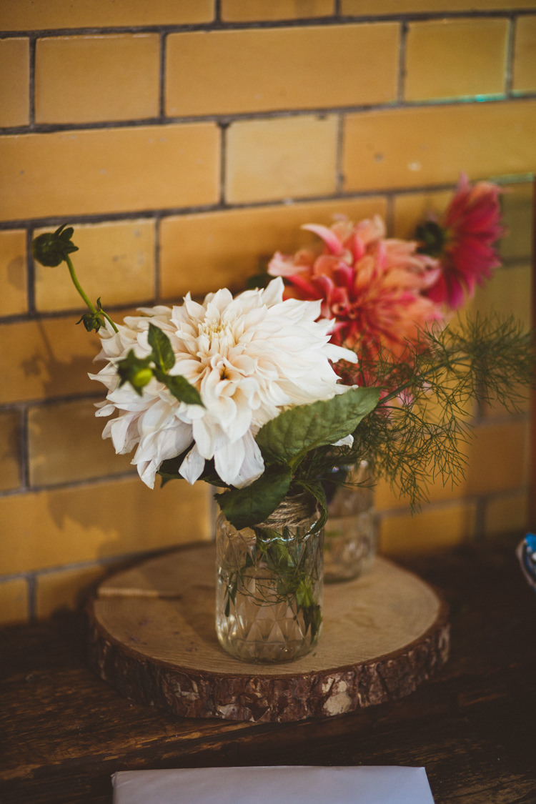 Vintage Jars Dahlia Wood Slice Log Industrial Cool Museum Wedding https://photography34.co.uk/