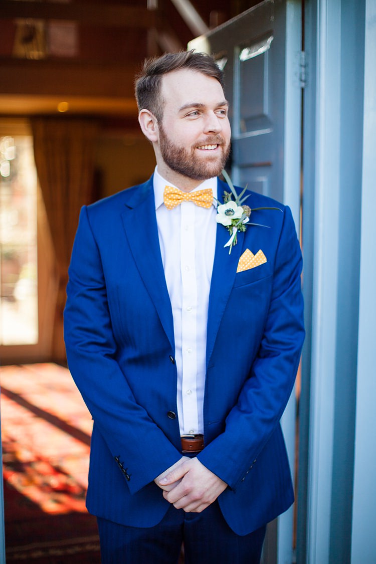 Blue Suit Groom Yellow Bow Tie Style Attire Outfit Fun Spring Floral Creative Wedding https://www.binkynixon.com/