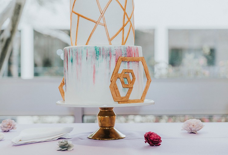 Cake Table Stand Geometric Gold White Multicolour Modern Spring Botanic Garden Wedding Texas http://velvetsagephotography.com/