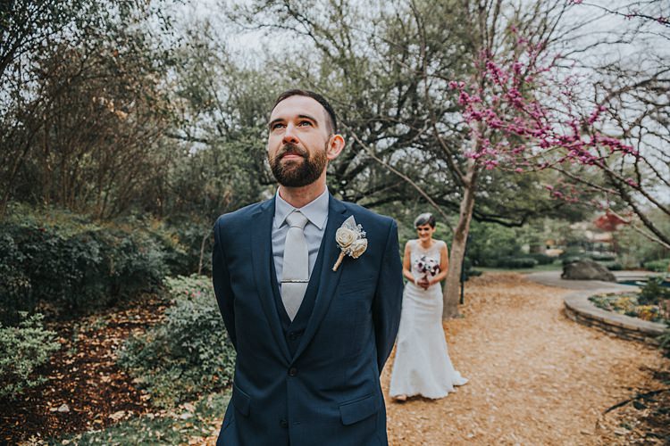 Bride Bridal Groom First Look Three Piece Suit Beaded Gown Modern Spring Botanic Garden Wedding Texas http://velvetsagephotography.com/