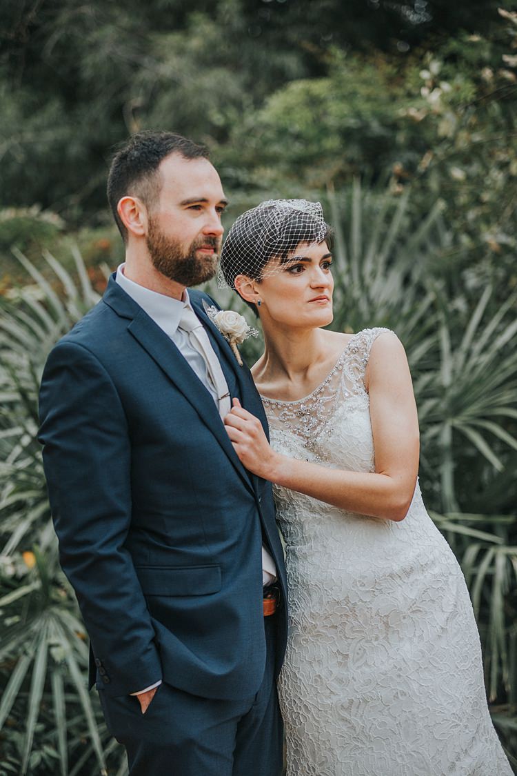 Bride Bridal Dress Gown Beading Lace Birdcage Veil Groom Navy Three Piece Suit Modern Spring Botanic Garden Wedding Texas http://velvetsagephotography.com/