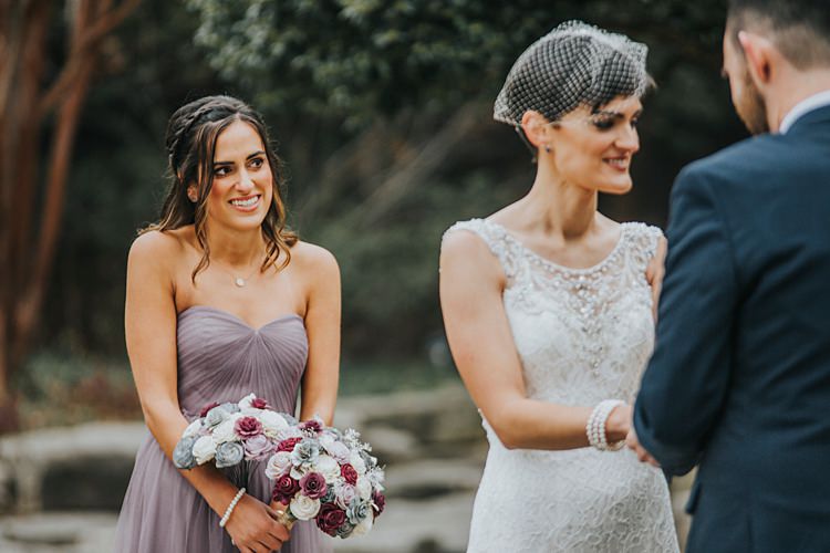 Bride Bridal Gown Dress Lace Embroidery Beading Bridesmaid Purple Lilac Bouquet Pink Grey Paper Flowers Modern Spring Botanic Garden Wedding Texas http://velvetsagephotography.com/