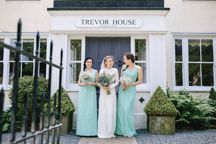 Bride Bridal Long Sleeved Dress Bouquet Flower Crown Thistle Eucalyptus Lavender Gypsophila Purple White Bridesmaids Sage Dress Pretty Picturesque Outdoor Castle Wedding https://parkershots.com/