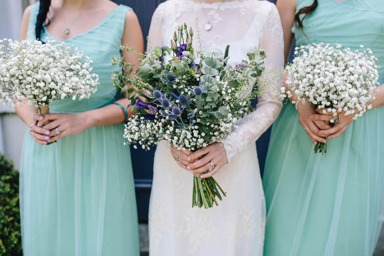 Bride Bridal Bouquet Flower Crown Thistle Eucalyptus Lavender Gypsophila Purple White Sage Bridesmaids Dress Pretty Picturesque Outdoor Castle Wedding https://parkershots.com/