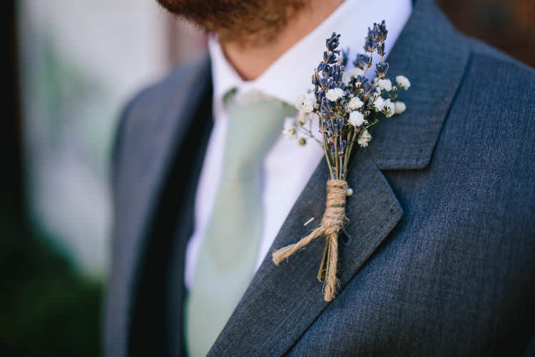 Groom Lavender Gypsophila Buttonhole Twine Ted Baker Sage Pretty Picturesque Outdoor Castle Wedding https://parkershots.com/