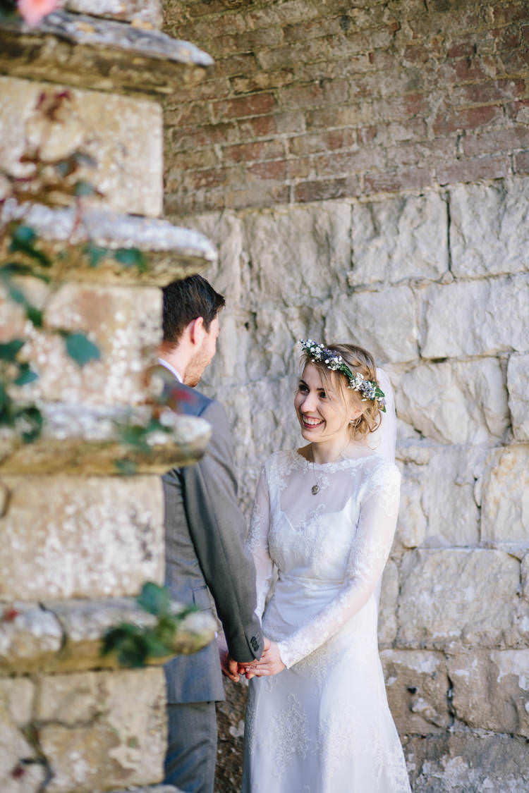 Long Sleeved Bride Bridal Dress Flower Crown Veil Pretty Picturesque Outdoor Castle Wedding https://parkershots.com/