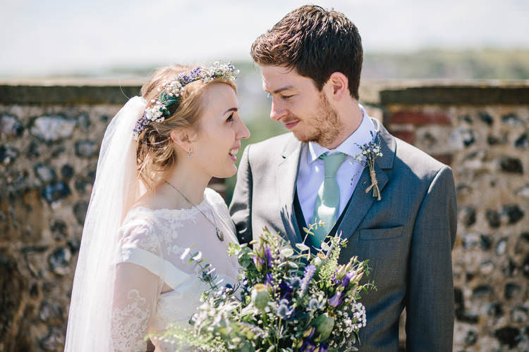 Bride Bridal Bouquet Flower Crown Veil Thistle Eucalyptus Lavender Gypsophila Purple White Ted Baker Groom Sage Tie Pretty Picturesque Outdoor Castle Wedding https://parkershots.com/
