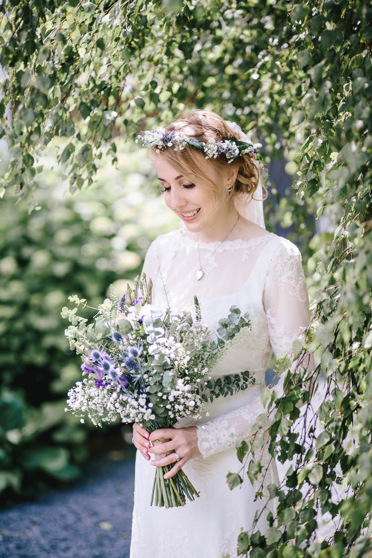 Bride Bridal Bouquet Flower Crown Thistle Eucalyptus Lavender Gypsophila Purple White Pretty Picturesque Outdoor Castle Wedding https://parkershots.com/