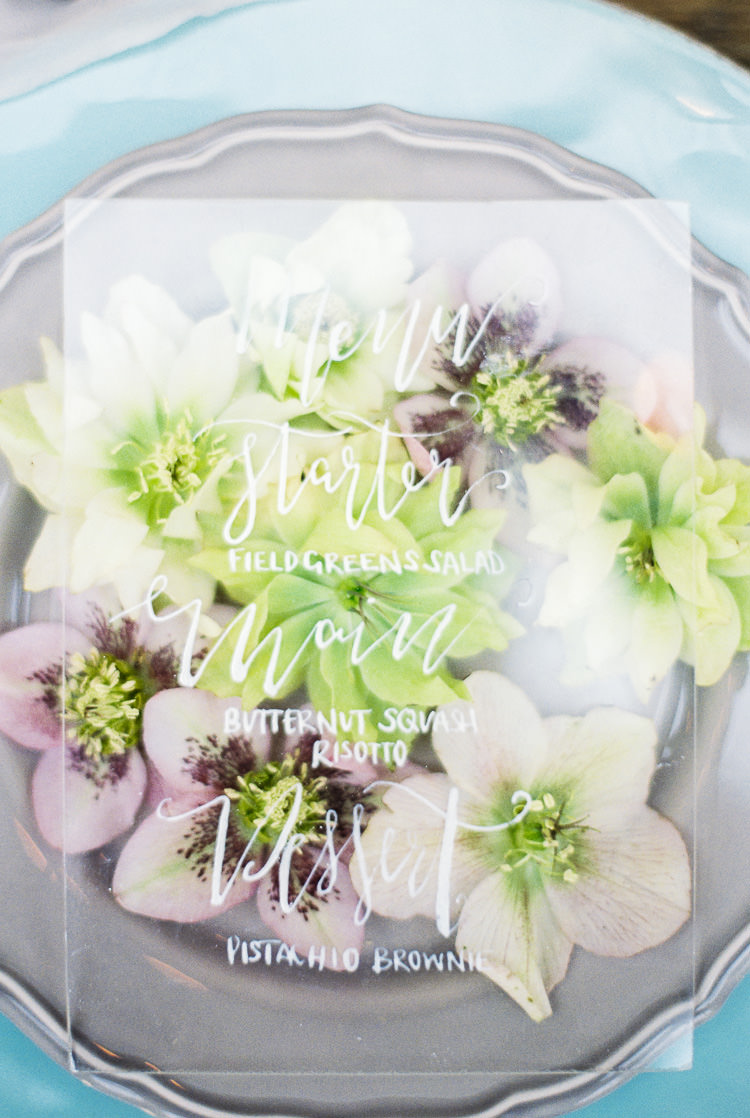Perspex Stationery Menu Place Setting Ethereal Soft Fine Art Wedding Ideas http://lizbakerphotography.co.uk/