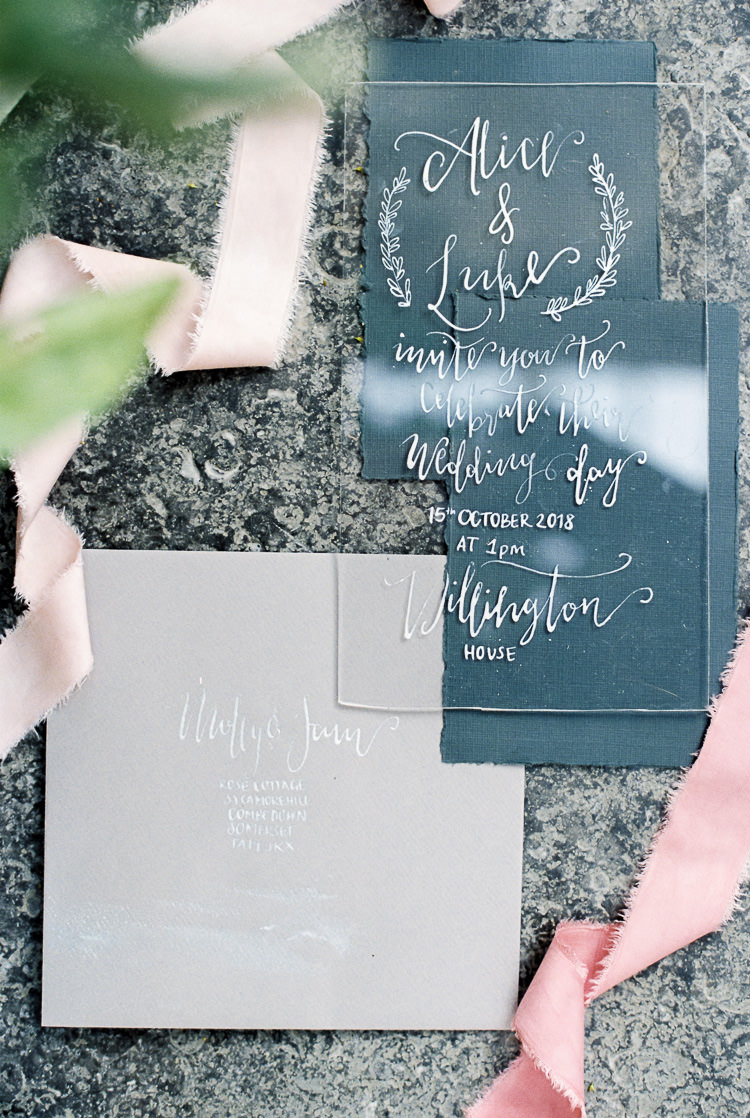 Perspex Stationery Calligraphy Invitations Ribbon Silk Ethereal Soft Fine Art Wedding Ideas http://lizbakerphotography.co.uk/