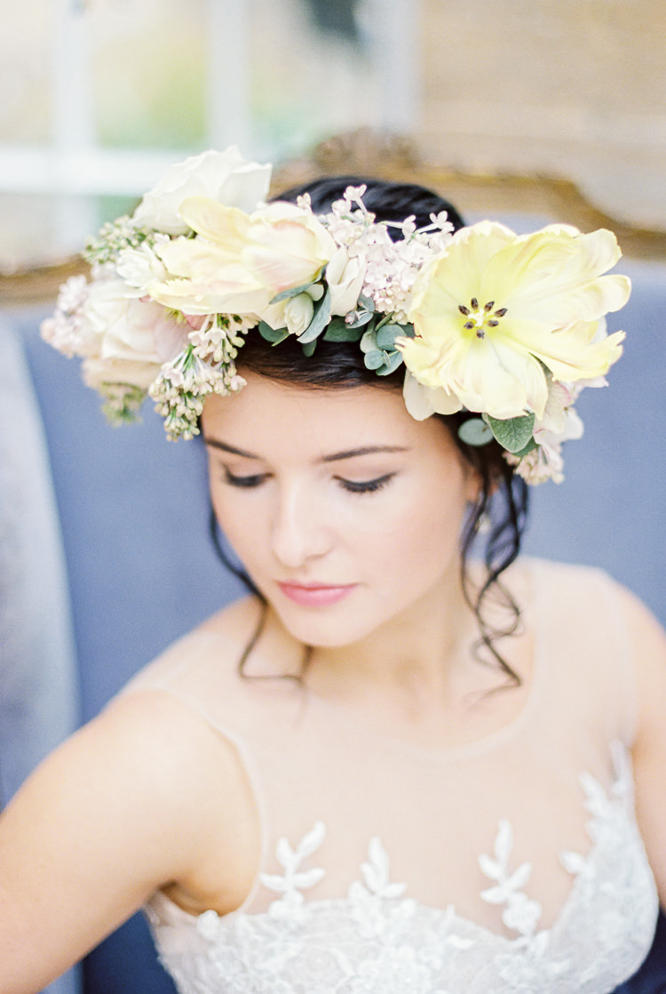 Flower Crown Bride Bridal Large Yellow Blush Pastel Ethereal Soft Fine Art Wedding Ideas http://lizbakerphotography.co.uk/