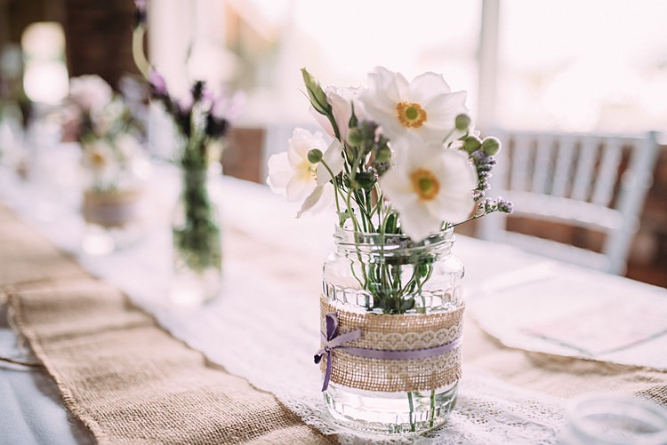 Hessian Lace Jar Flowers Beautiful Lilac Garden Wedding New Zealand http://www.levienphotography.com/