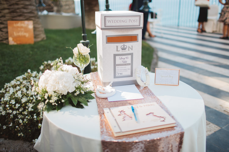Rose Gold Sequin Runner Table Cloth Post Box Cards Decor Guest Book Elegant Stylish Sorrento Destination Wedding http://www.francessales.co.uk/