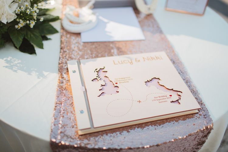 Laser Cut Wood Guest Book Rose Gold Sequin Table Runner Elegant Stylish Sorrento Destination Wedding http://www.francessales.co.uk/