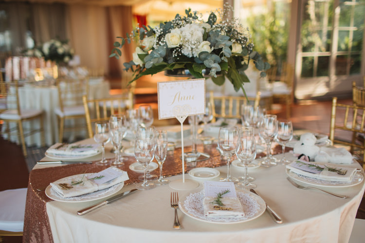 Table Centre Name Rose Gold Sequin Runner White Flowers Florals Greenery Rosemary Elegant Stylish Sorrento Destination Wedding http://www.francessales.co.uk/