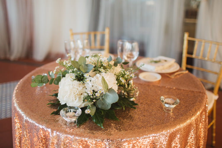 Sweetheart Table Rose Gold Sequin Cloth Flowers Floral White Greenery Elegant Stylish Sorrento Destination Wedding http://www.francessales.co.uk/