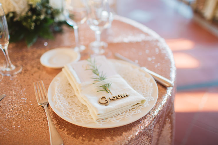 Laser Cut Wood Place Name Card Rosemary Rose Gold Sequin Table Cloth Favour Elegant Stylish Sorrento Destination Wedding http://www.francessales.co.uk/