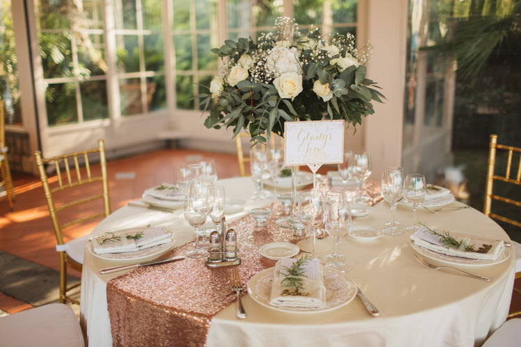 Table Centre Rose Gold Sequin Table Runner Cloth Linen White Rose Gypsophila GreeneryElegant Stylish Sorrento Destination Wedding http://www.francessales.co.uk/