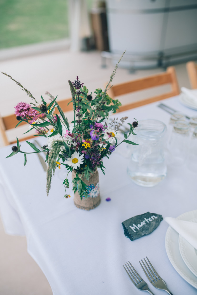 Flowers Hessian Jar Table Centrepiece Decor Wildflower Village Green Handfasting Wedding http://www.naomijanephotography.com/