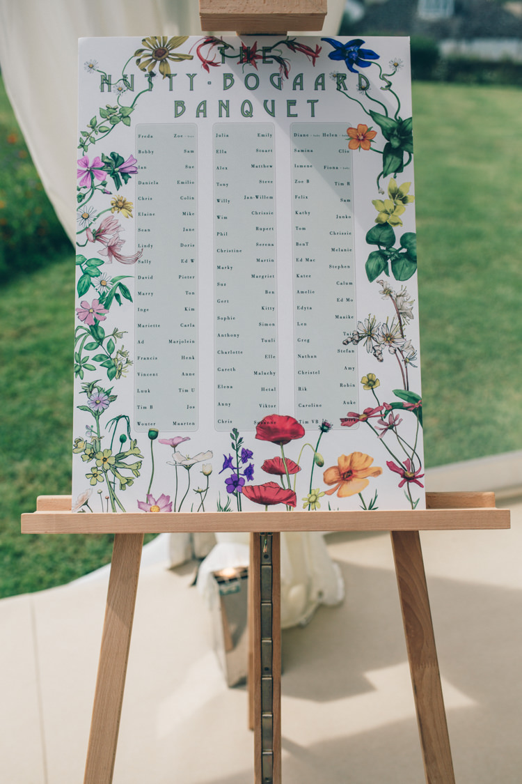 Floral Flower Seating Plan Table Chart Wildflower Village Green Handfasting Wedding http://www.naomijanephotography.com/