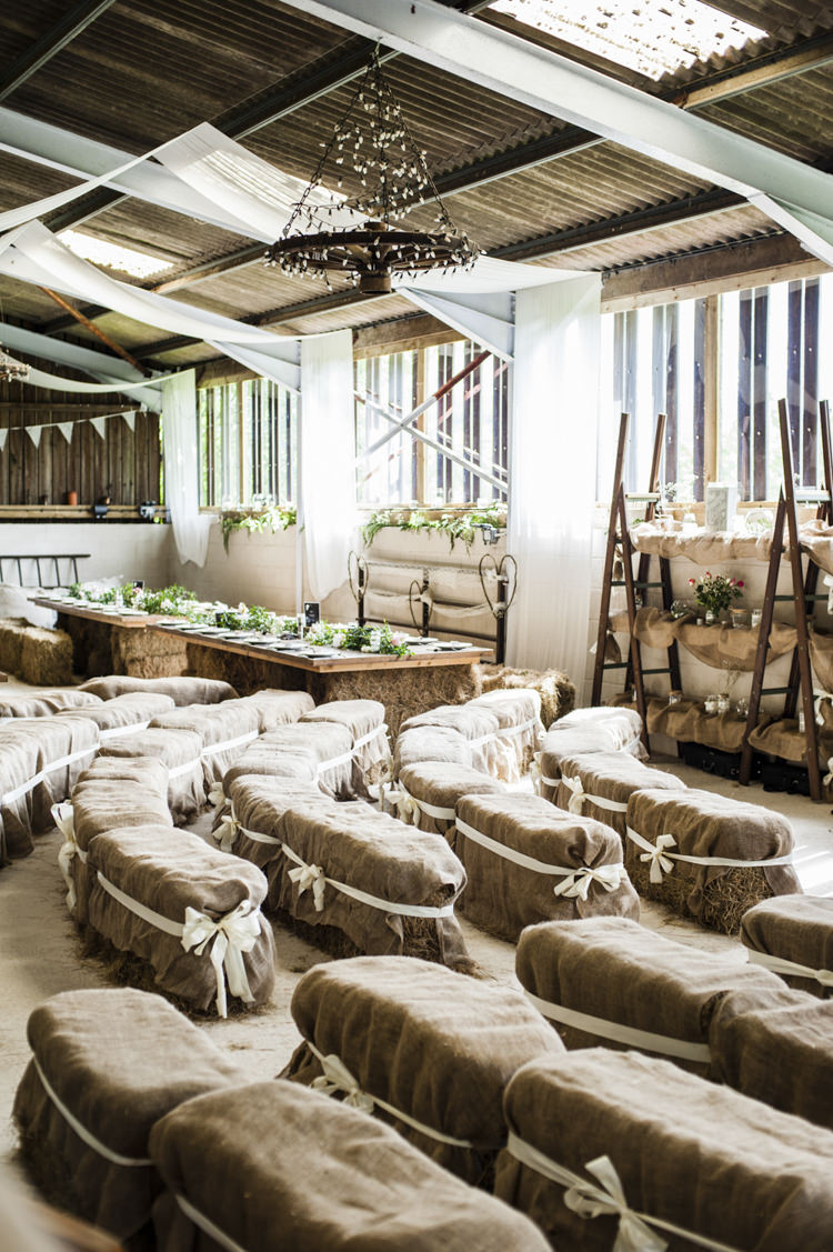 Barn Drapes Hessian Hay Bales Decor Rustic Chilled Country Boho White Green Wedding http://eleanorjaneweddings.co.uk/